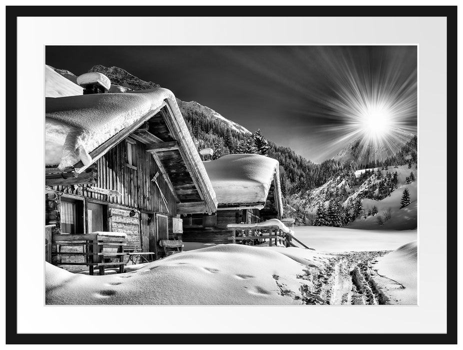 Verschneite Alpenhütte Passepartout 80x60