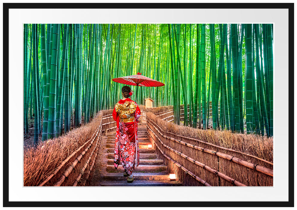 Frau im janapischen Kimono im Bambuswald Passepartout Rechteckig 100