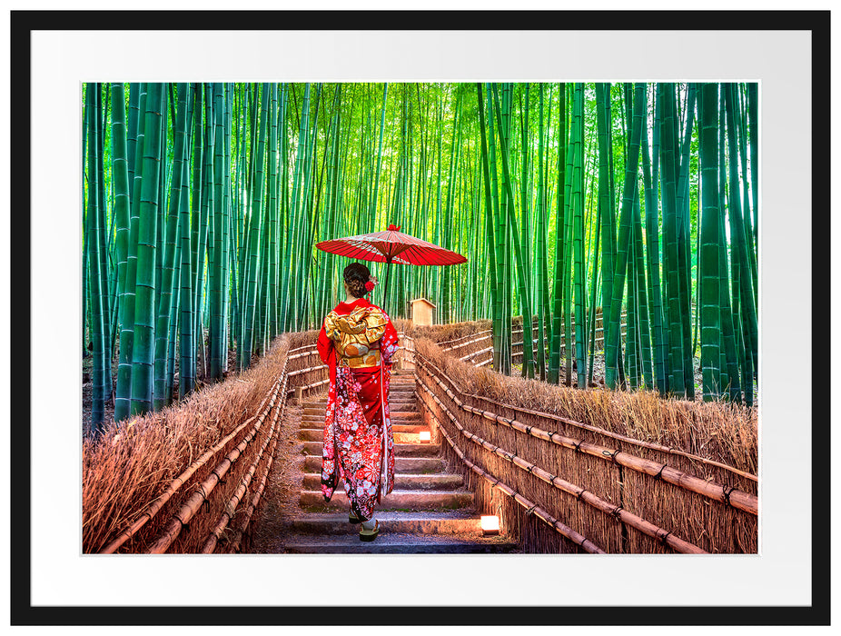 Frau im janapischen Kimono im Bambuswald Passepartout Rechteckig 80