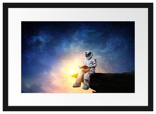 Lesender Astronaut auf Vorsprung vor Galaxie Passepartout Rechteckig 40