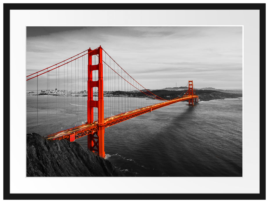 Golden Gate Bridge bei Sonnenuntergang B&W Detail Passepartout Rechteckig 80