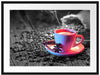 Kaffeetasse mit Bohnen auf Holztisch B&W Detail Passepartout Rechteckig 80