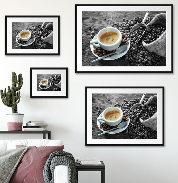 Espressotasse mit Kaffeebohnen B&W Detail Passepartout Wohnzimmer Rechteckig