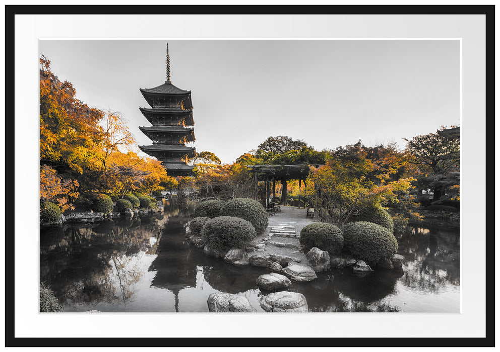 See im Herbst vor japanischem Tempel B&W Detail Passepartout Rechteckig 100