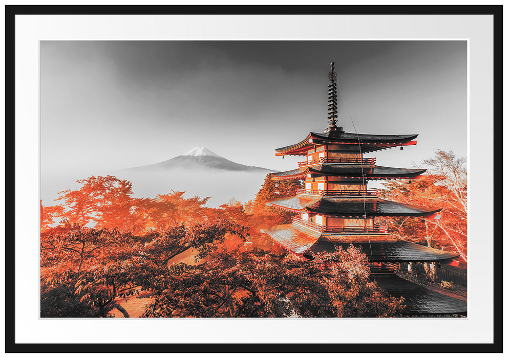 Japanischer Tempel in bunten Baumwipfeln B&W Detail Passepartout Rechteckig 100