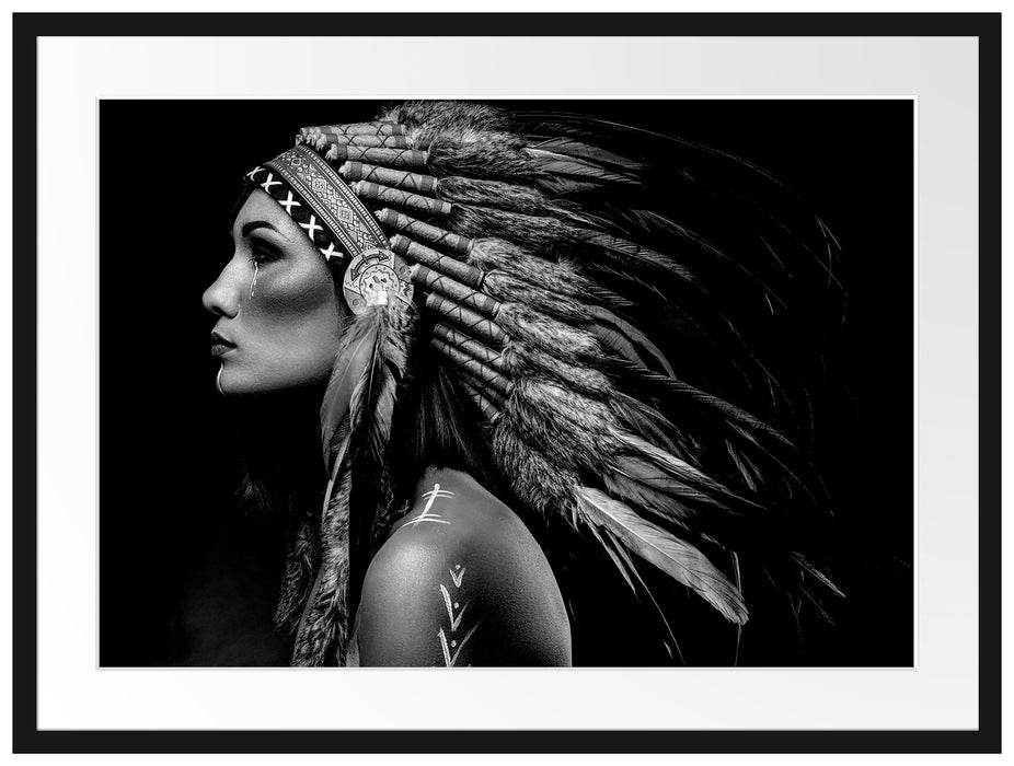 Frau mit buntem indianischen Kopfschmuck, Monochrome Passepartout Rechteckig 80