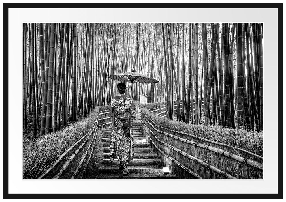Frau im janapischen Kimono im Bambuswald, Monochrome Passepartout Rechteckig 100