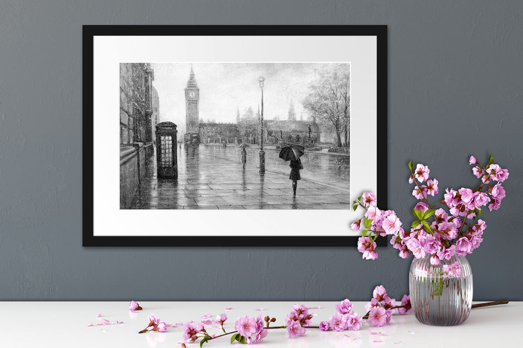 Regentag in London mit Big Ben, Monochrome Passepartout Detail Rechteckig