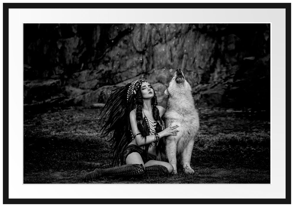 Indianische Frau und heulender Wolfshund, Monochrome Passepartout Rechteckig 100
