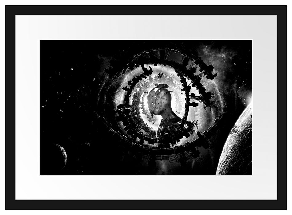 Abstraktes Auge mit Alien im Weltraum, Monochrome Passepartout Rechteckig 40