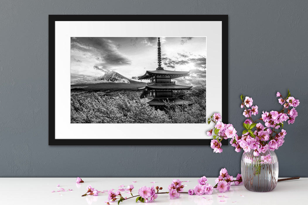 Japanischer Tempel zwischen Kirschblüten, Monochrome Passepartout Detail Rechteckig