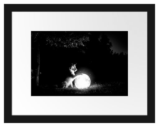 Hund mit leuchtendem Mond bei Nacht, Monochrome Passepartout Rechteckig 30