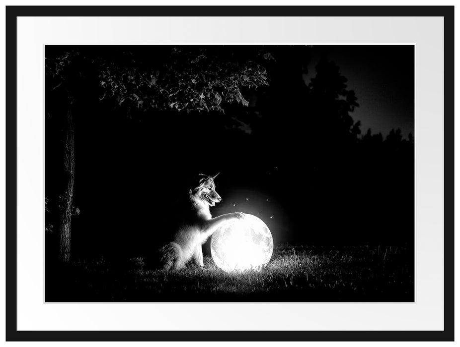 Hund mit leuchtendem Mond bei Nacht, Monochrome Passepartout Rechteckig 80