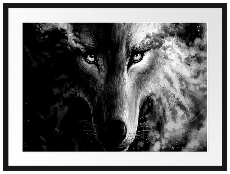 Abstrakter Wolf mit rauchenden Augen, Monochrome Passepartout Rechteckig 80