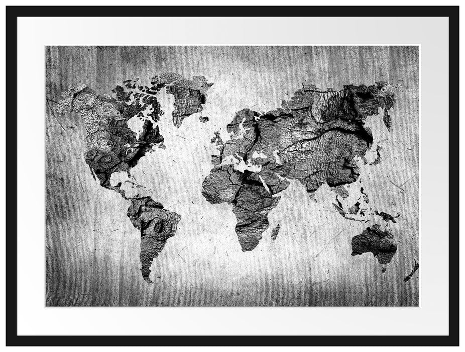 Weltkarte auf altem Holz, Monochrome Passepartout Rechteckig 80