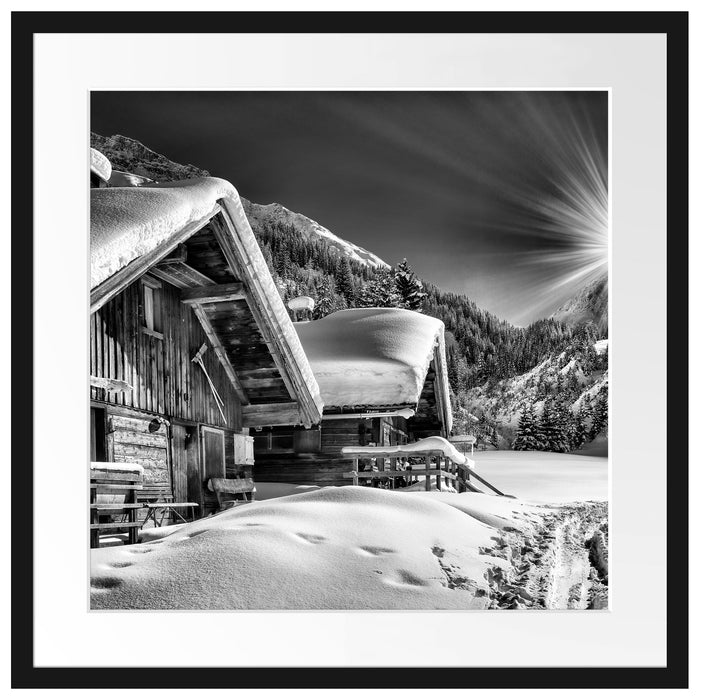 Verschneite Alpenhütte Passepartout Quadratisch 55x55