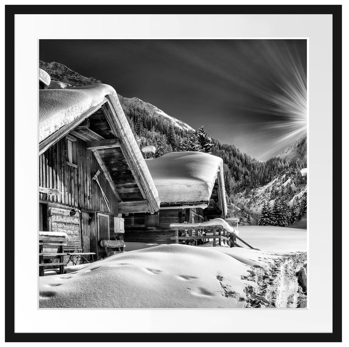 Verschneite Alpenhütte Passepartout Quadratisch 70x70