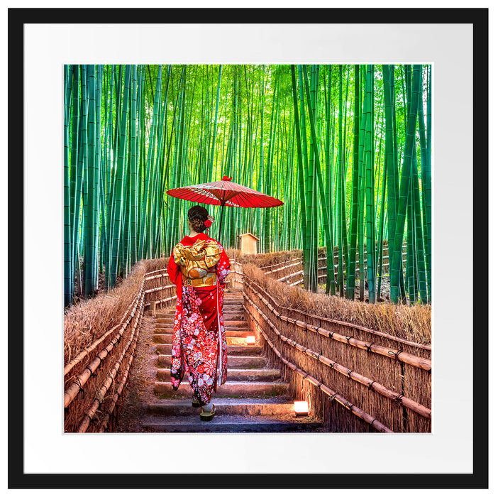 Frau im janapischen Kimono im Bambuswald Passepartout Quadratisch 55