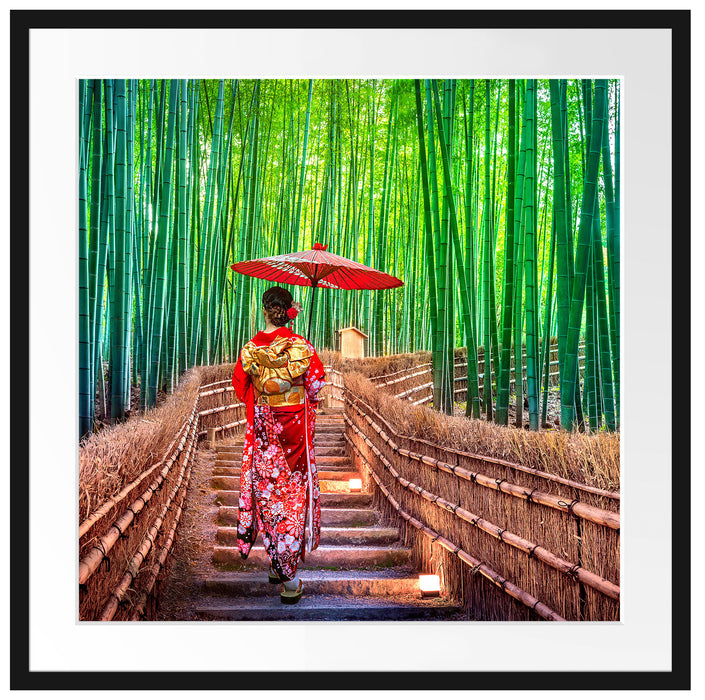 Frau im janapischen Kimono im Bambuswald Passepartout Quadratisch 70