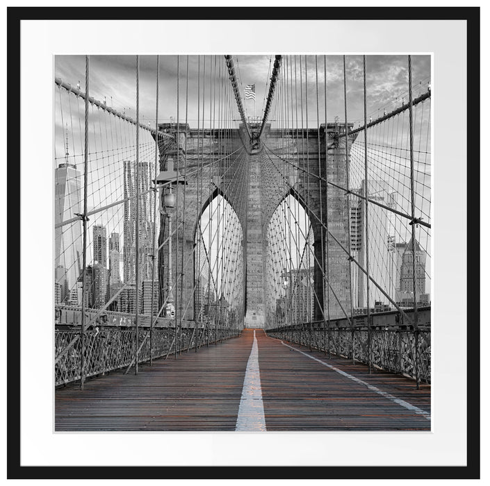 Leere Brooklyn Bridge in New York City B&W Detail Passepartout Quadratisch 70