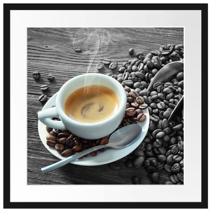 Espressotasse mit Kaffeebohnen B&W Detail Passepartout Quadratisch 55