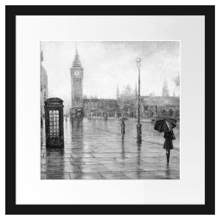 Regentag in London mit Big Ben, Monochrome Passepartout Quadratisch 40