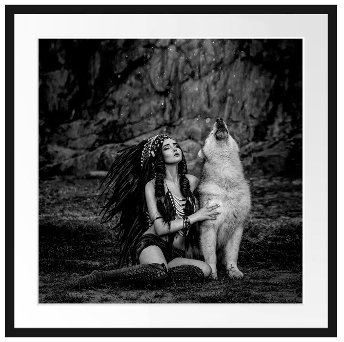 Indianische Frau und heulender Wolfshund, Monochrome Passepartout Quadratisch 70