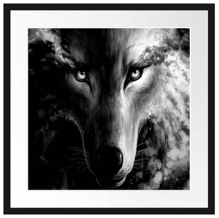 Abstrakter Wolf mit rauchenden Augen, Monochrome Passepartout Quadratisch 55
