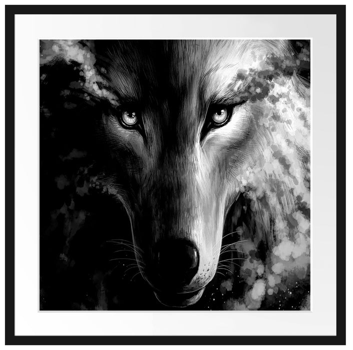 Abstrakter Wolf mit rauchenden Augen, Monochrome Passepartout Quadratisch 70