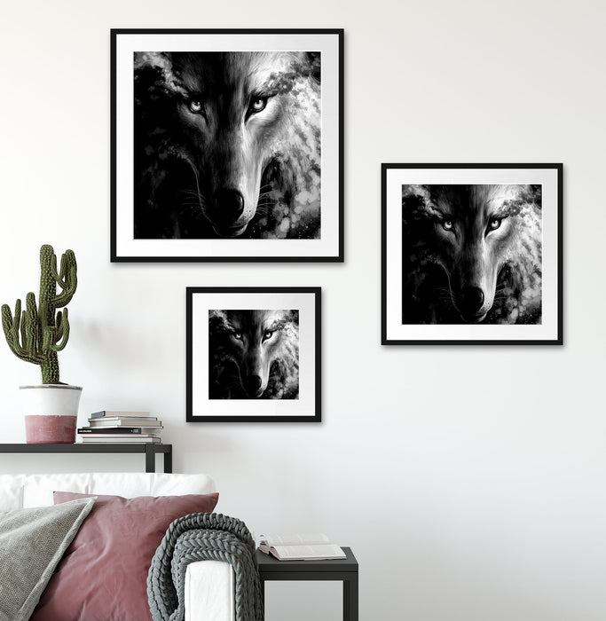 Abstrakter Wolf mit rauchenden Augen, Monochrome Passepartout Wohnzimmer Quadratisch