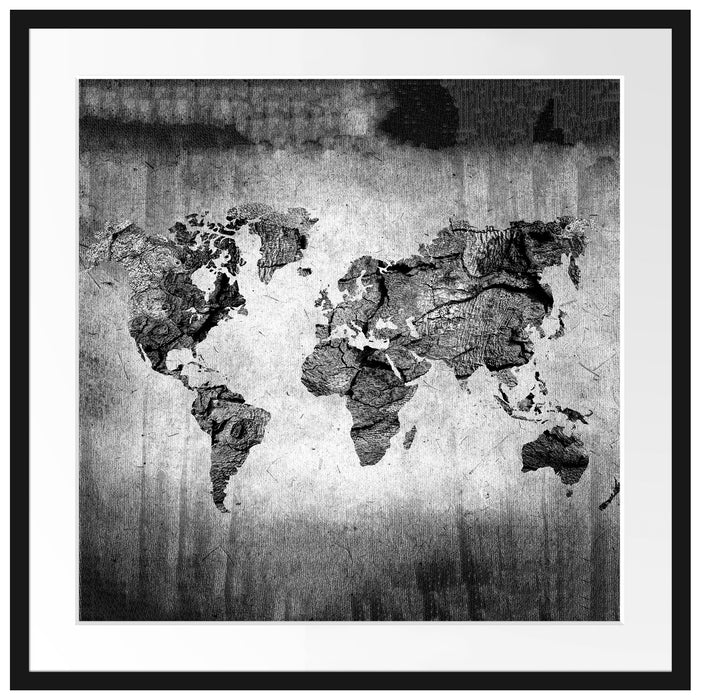 Weltkarte auf altem Holz, Monochrome Passepartout Quadratisch 70