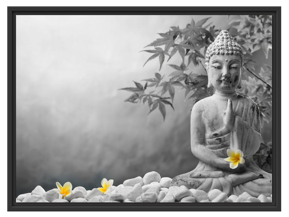 Buddha mit Monoi Blüte in der Hand Schattenfugenrahmen 80x60