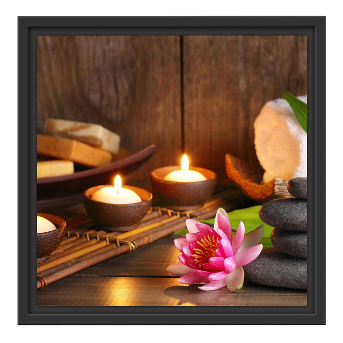 Kerzen mit Zen Steinen und Seerose Schattenfugenrahmen Quadratisch 40x40