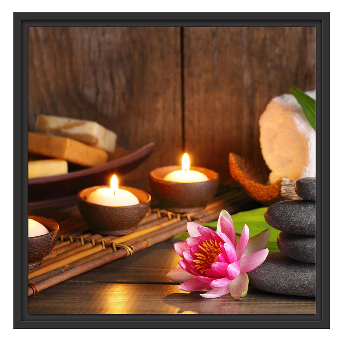 Kerzen mit Zen Steinen und Seerose Schattenfugenrahmen Quadratisch 55x55