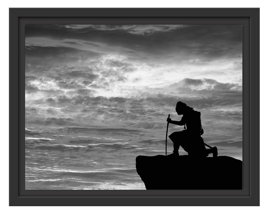 Samurai auf der Spitze des Berges Schattenfugenrahmen 38x30