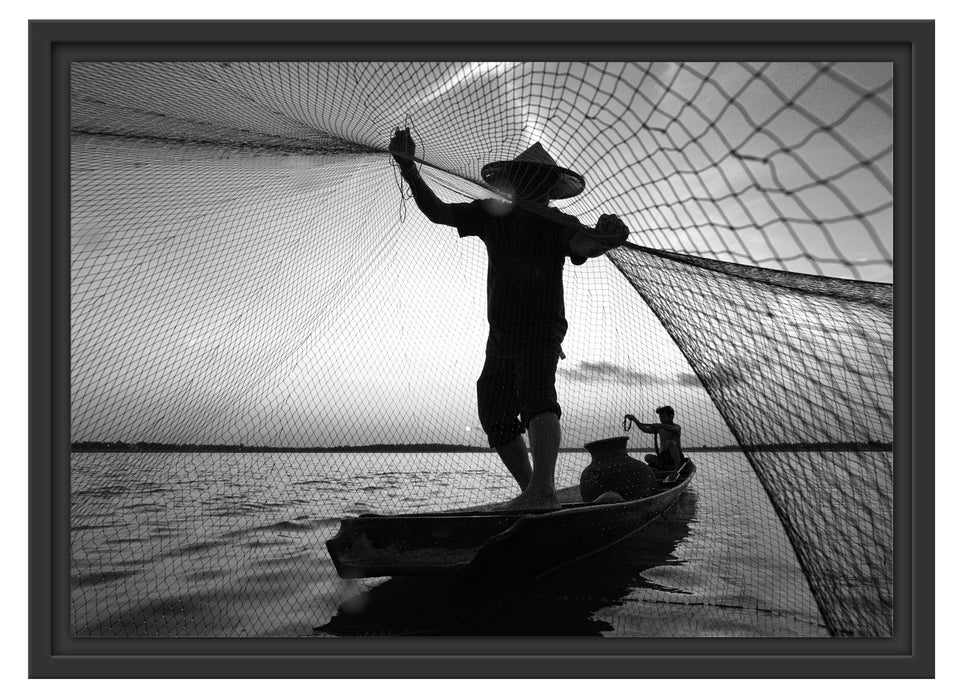 Fischer wirft sein Netz aus Schattenfugenrahmen 55x40
