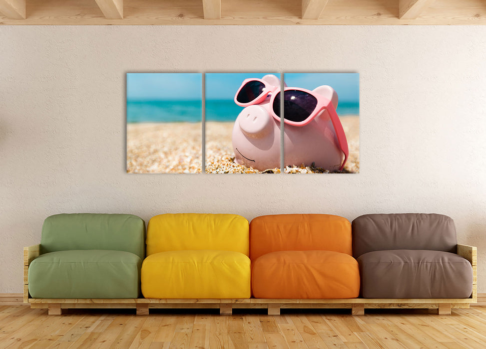 Schweinchen am Strand, XXL Leinwandbild als 3 Teiler