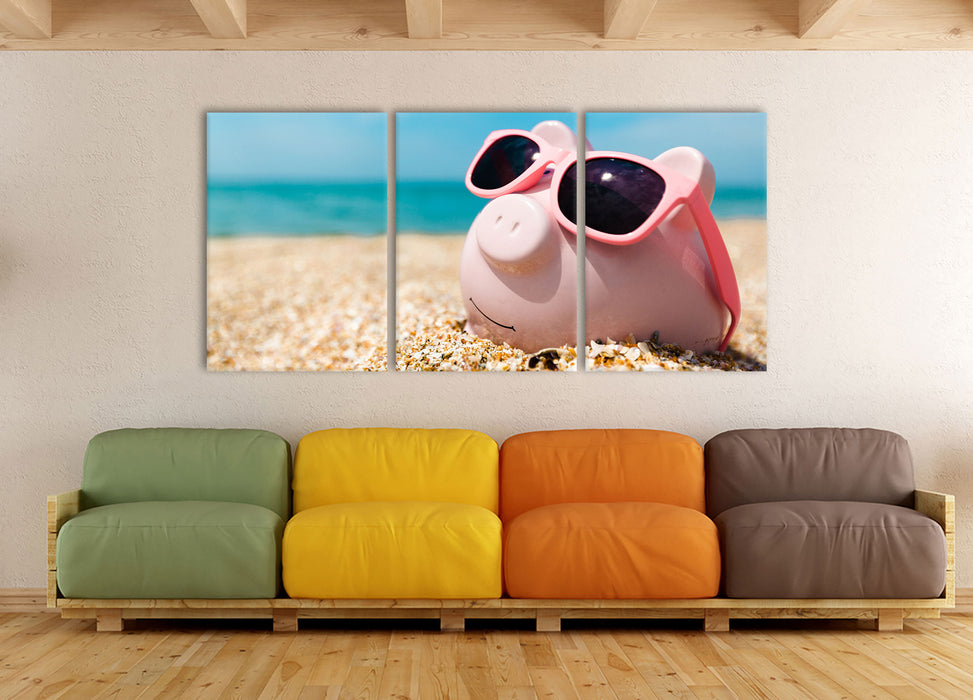 Schweinchen am Strand, XXL Leinwandbild als 3 Teiler