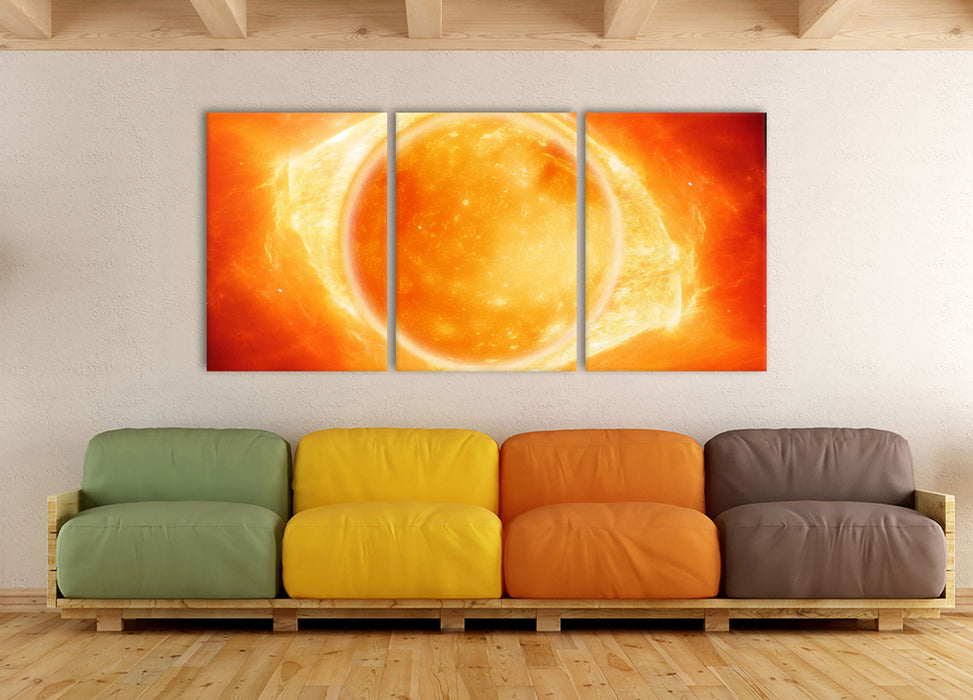Sonne Feuerball, XXL Leinwandbild als 3 Teiler