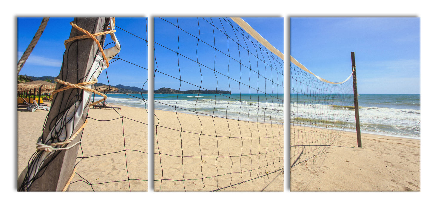 Volleyballnetz am Strand, XXL Leinwandbild als 3 Teiler