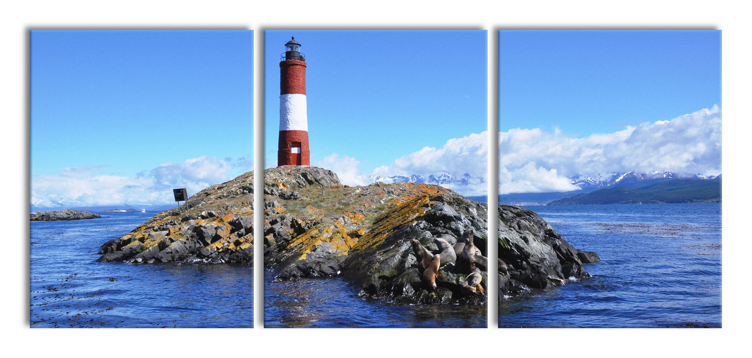 Leuchtturm mit Robben, XXL Leinwandbild als 3 Teiler