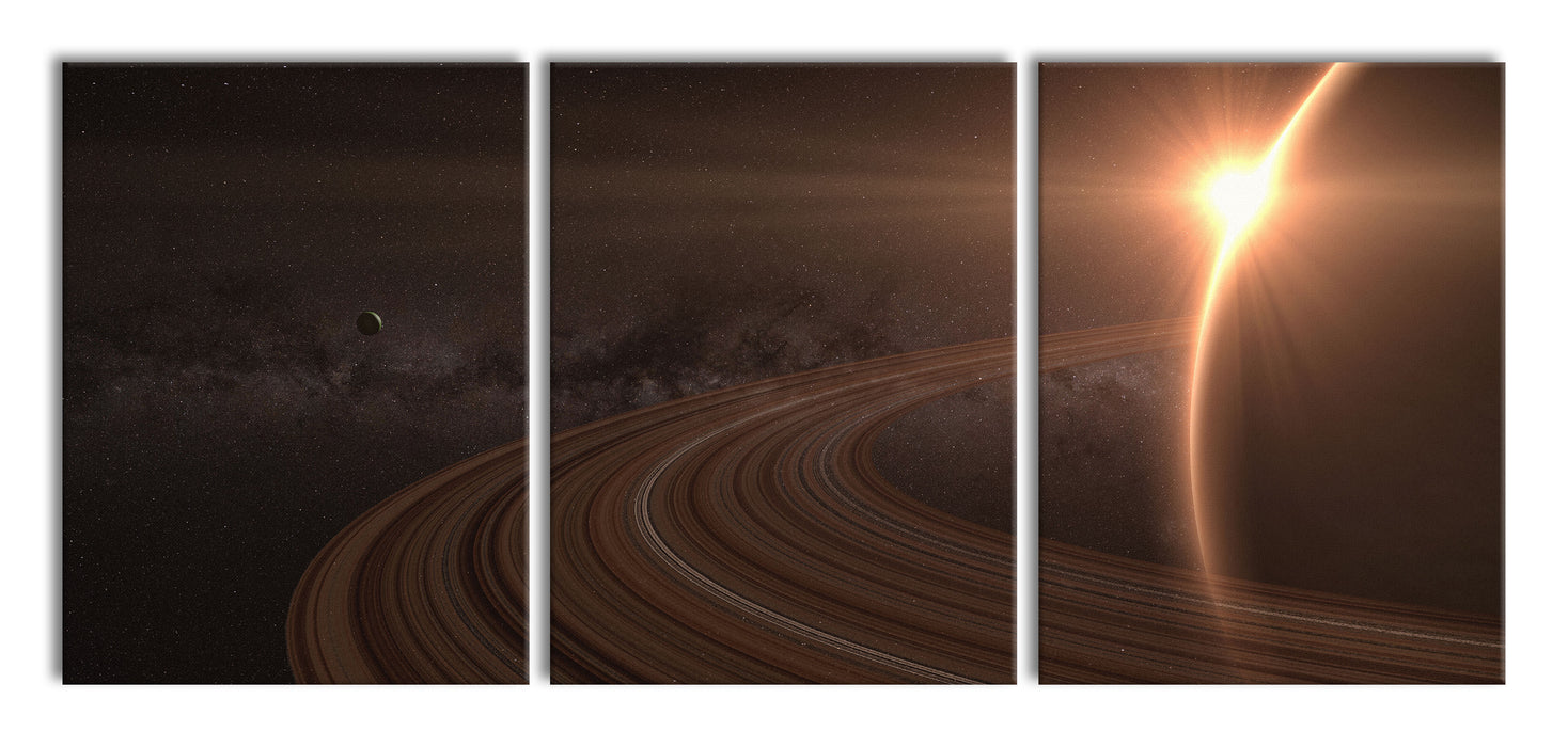 Planet Saturn im Weltall, XXL Leinwandbild als 3 Teiler