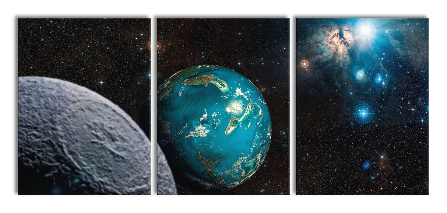Planet Erde im Kosmos, XXL Leinwandbild als 3 Teiler