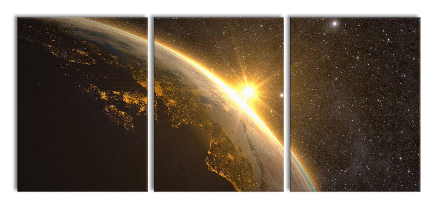Die Sonne und Erde im Weltall, XXL Leinwandbild als 3 Teiler
