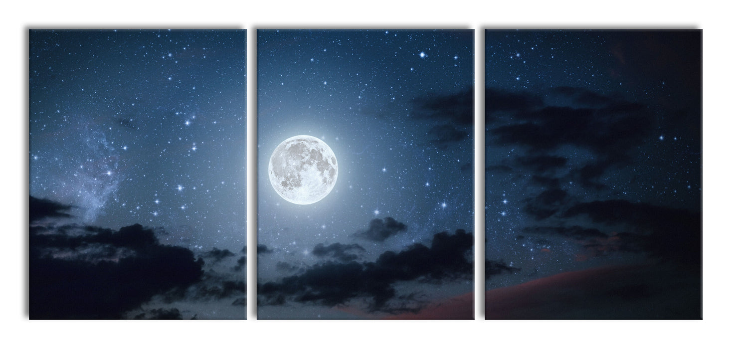 Leuchtender Mond am Nachthimmel, XXL Leinwandbild als 3 Teiler