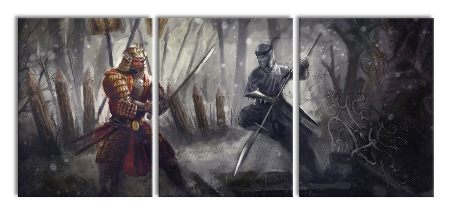 Kampf zwischen Samurai und Ninja, XXL Leinwandbild als 3 Teiler