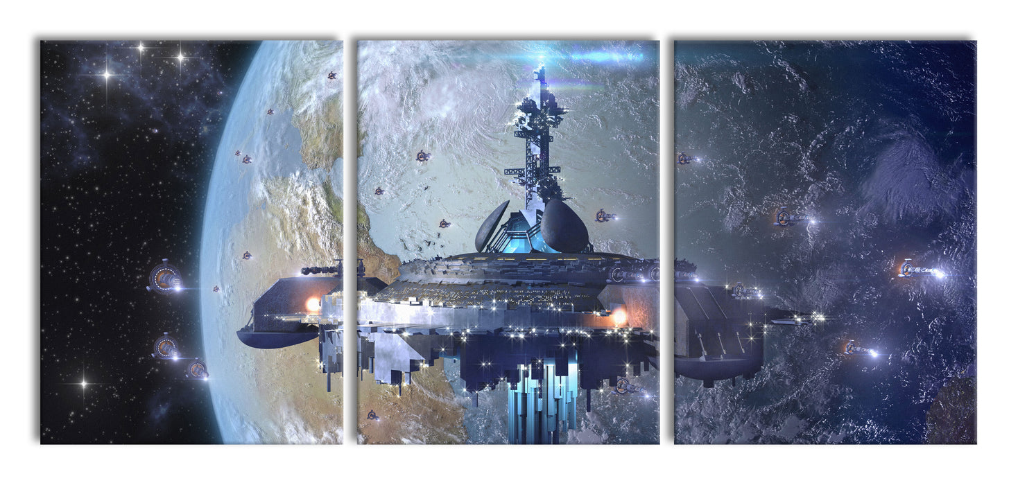 Raumschiff vor der Erde, XXL Leinwandbild als 3 Teiler