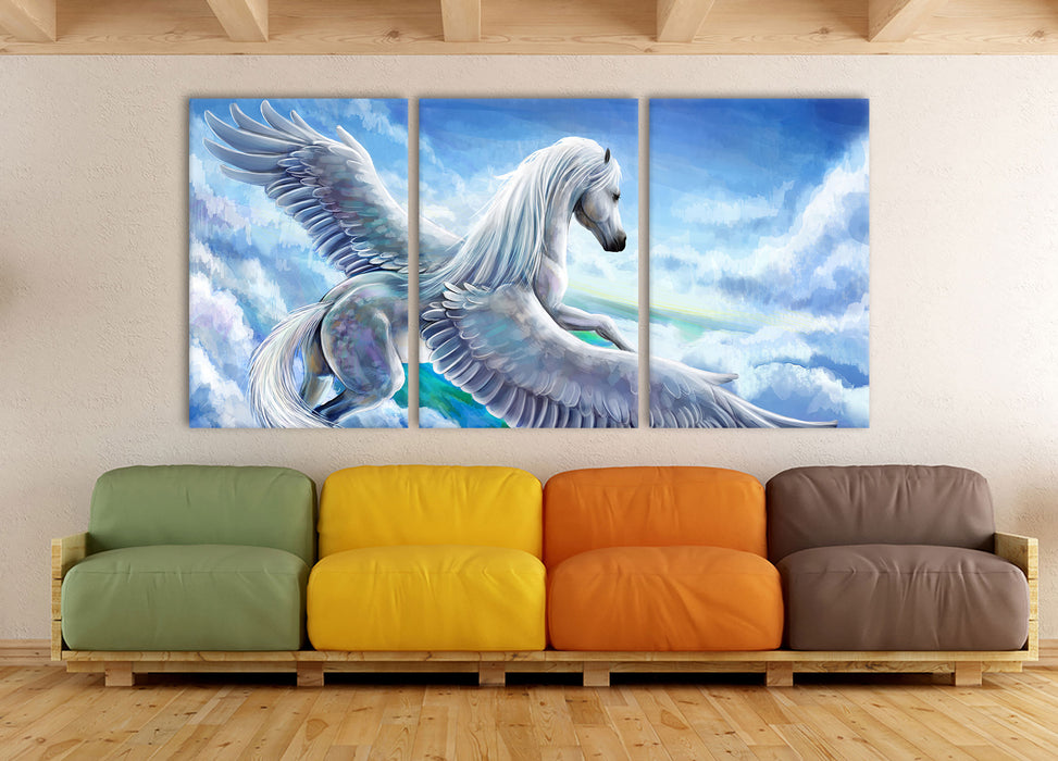 Pegasus fliegt über den Wolken, XXL Leinwandbild als 3 Teiler