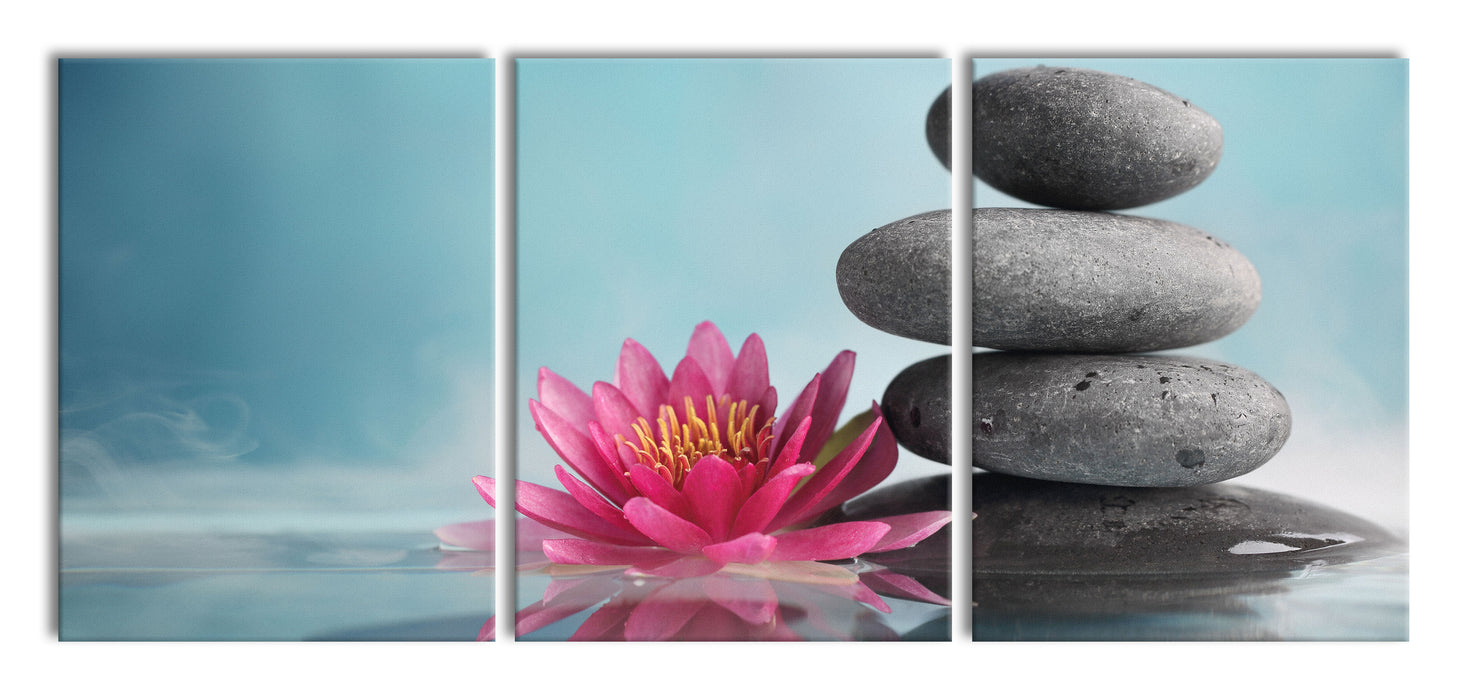 Seerosenblüte mit Zen Steinen, XXL Leinwandbild als 3 Teiler