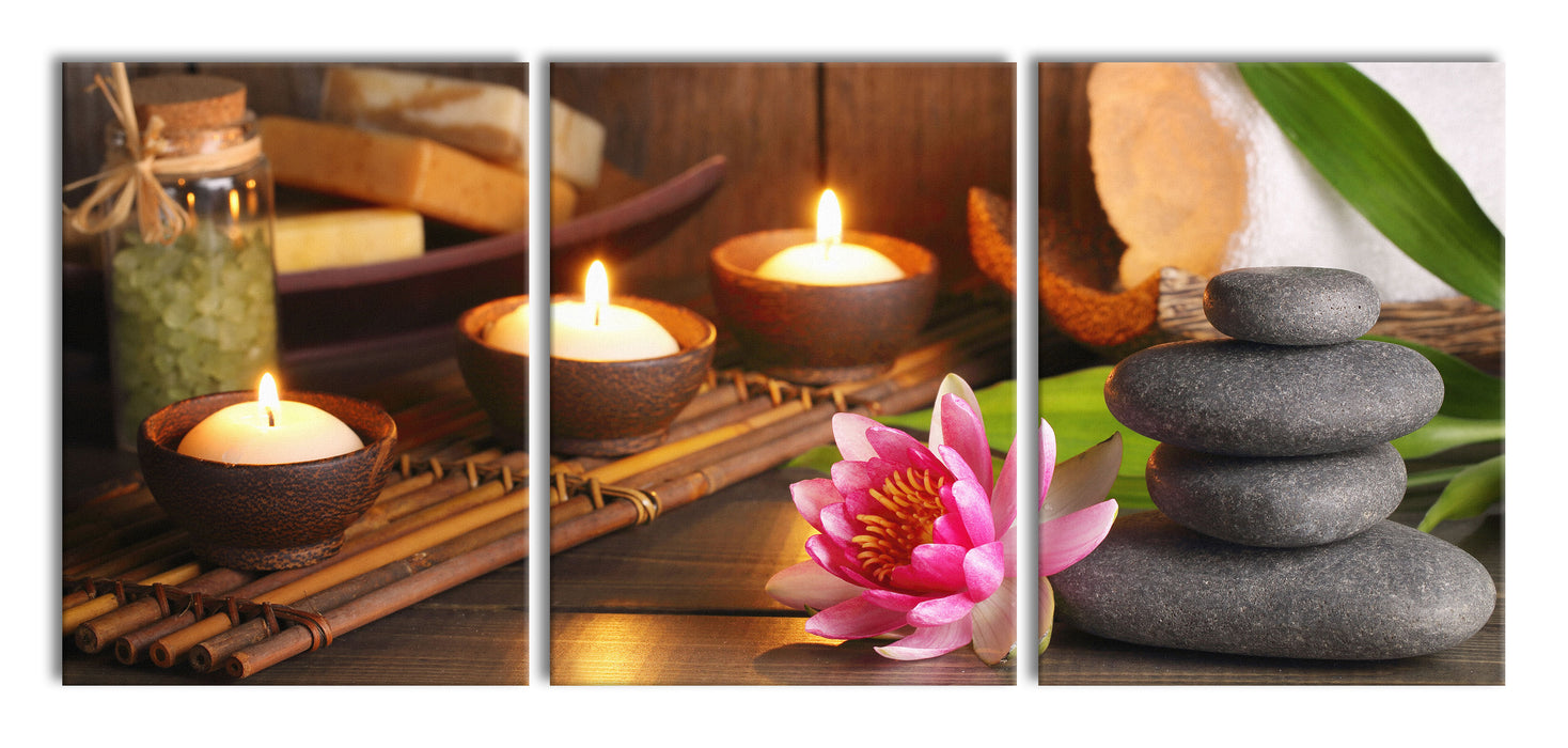 Kerzen mit Zen Steinen und Seerose, XXL Leinwandbild als 3 Teiler